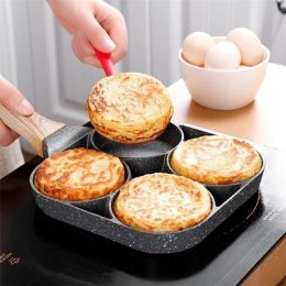 1 egg frying pan, breakfast, non stick pan, ham pancake maker, wooden handle egg burger pan, 4-hole, induction cooker, gas stove