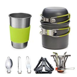 Hiking Picnic Tourist Tableware Set With Folding Spoon Mini Gas Stove (Color: Grey)